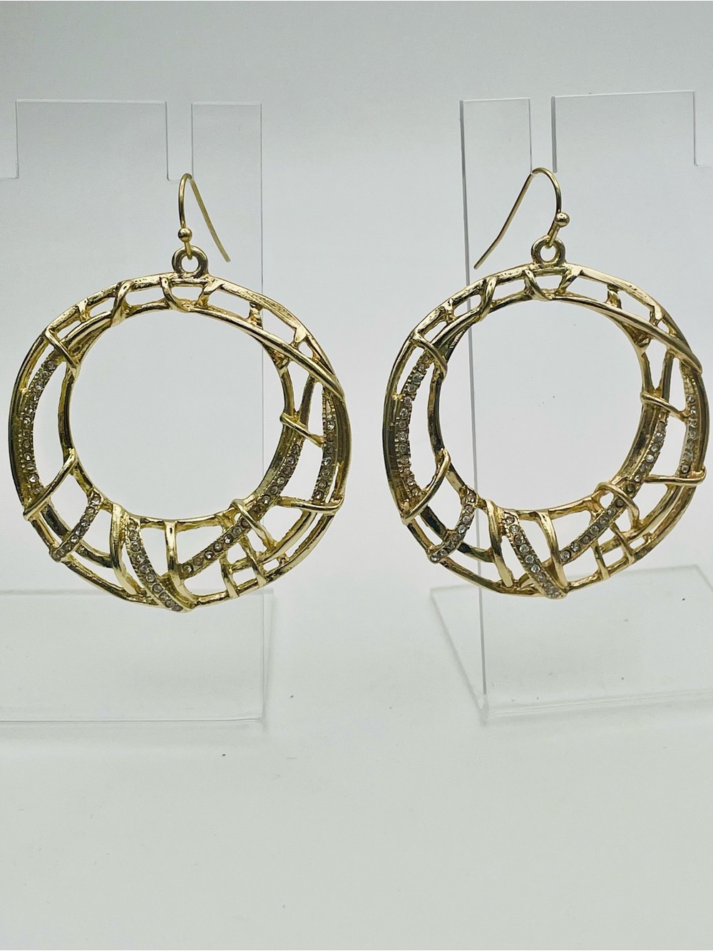 Gold Openwork Hoop Dangle Earrings with Crystal Accents- Women Jewelry